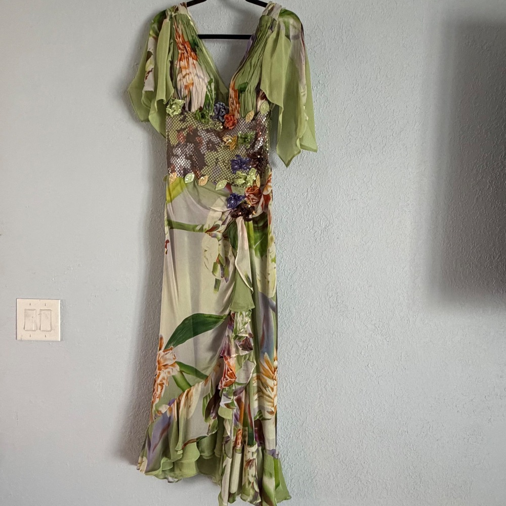 Casandra Stone Green Floral Sequin Maxi Dress V-Neck Flutter Sleeve Ruffle Hem